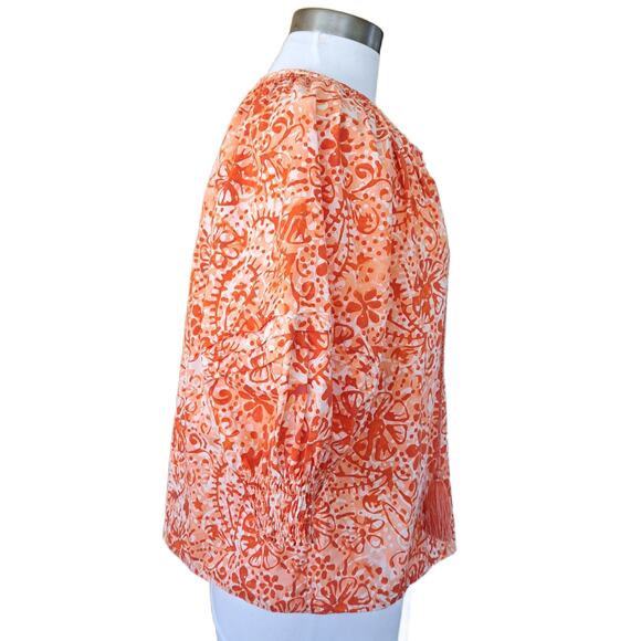 MARIE OLIVER Lara Top Orange Floral Print Boho Chic Preppy Tasseled Cotton Small - Picture 3 of 8